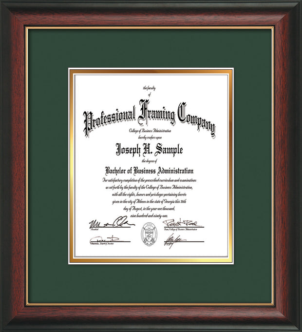 Image of Custom Rosewood with Gold Lip Art and Document Frame with Green on Gold Mat Vertical