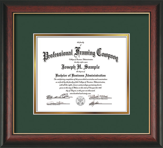 Image of Custom Rosewood with Gold Lip Art and Document Frame with Green on Gold Mat