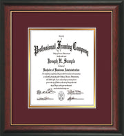 Image of Custom Rosewood with Gold Lip Art and Document Frame with Maroon on Gold Mat Vertical