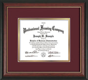 Image of Custom Rosewood with Gold Lip Art and Document Frame with Maroon on Gold Mat