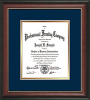 Image of Custom Rosewood with Gold Lip Art and Document Frame with Navy on Gold Mat Vertical