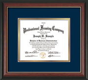 Image of Custom Rosewood with Gold Lip Art and Document Frame with Navy on Gold Mat