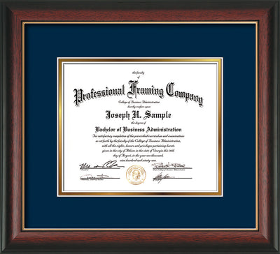 Image of Custom Rosewood with Gold Lip Art and Document Frame with Navy on Gold Mat
