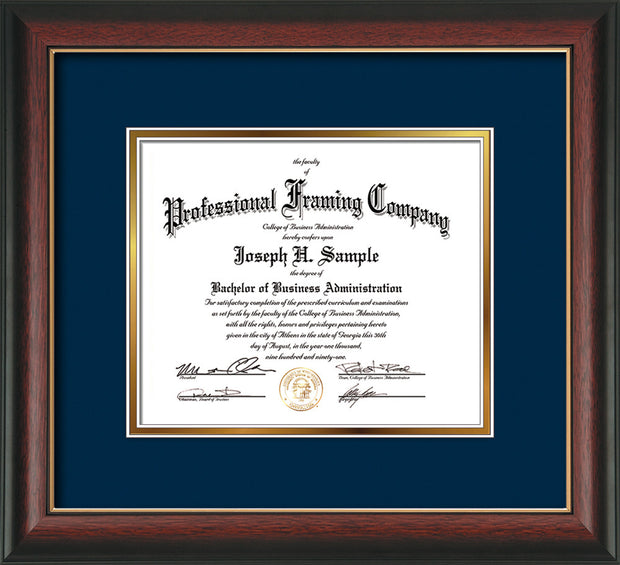 Image of Custom Rosewood with Gold Lip Art and Document Frame with Navy on Gold Mat