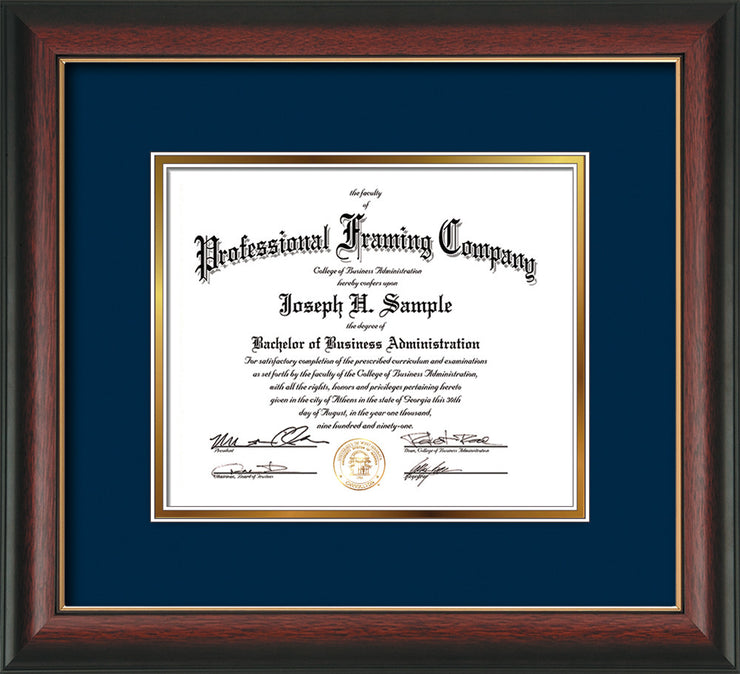 Image of Custom Rosewood with Gold Lip Art and Document Frame with Navy on Gold Mat