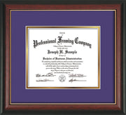 Image of Custom Rosewood with Gold Lip Art and Document Frame with Purple on Gold Mat
