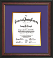 Image of Custom Rosewood with Gold Lip Art and Document Frame with Purple on Gold Mat Vertical
