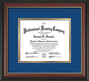 Image of Custom Rosewood with Gold Lip Art and Document Frame with Royal Blue on Gold Mat