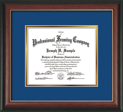 Image of Custom Rosewood with Gold Lip Art and Document Frame with Royal Blue on Gold Mat
