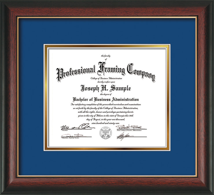 Image of Custom Rosewood with Gold Lip Art and Document Frame with Royal Blue on Gold Mat