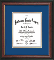 Image of Custom Rosewood with Gold Lip Art and Document Frame with Royal Blue on Gold Mat Vertical