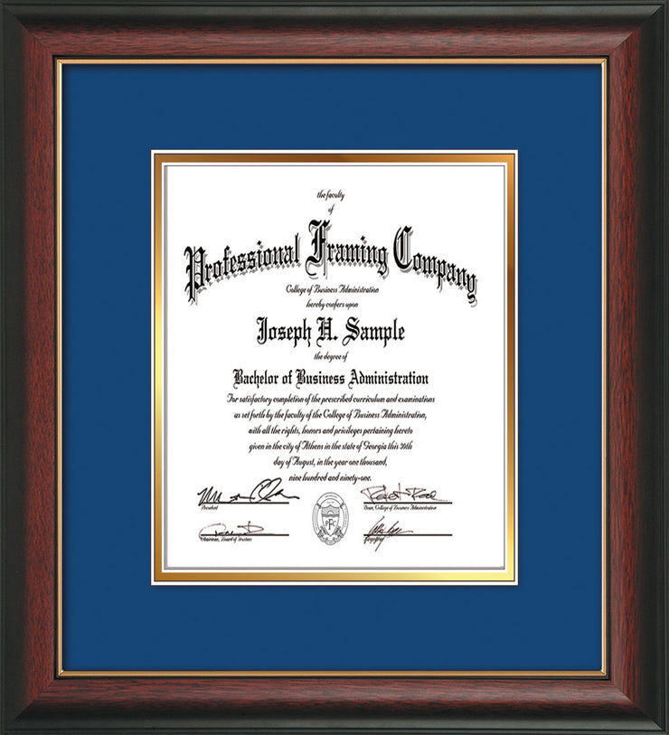 Image of Custom Rosewood with Gold Lip Art and Document Frame with Royal Blue on Gold Mat Vertical