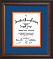 Image of Custom Rosewood with Gold Lip Art and Document Frame with Royal Blue on Orange Mat Vertical
