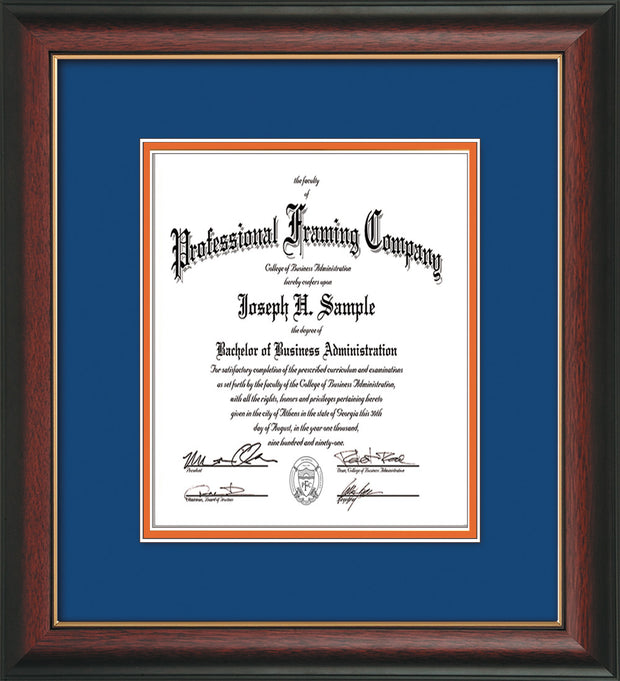 Image of Custom Rosewood with Gold Lip Art and Document Frame with Royal Blue on Orange Mat Vertical