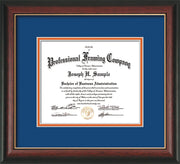 Image of Custom Rosewood with Gold Lip Art and Document Frame with Royal Blue on Orange Mat