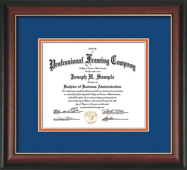 Image of Custom Rosewood with Gold Lip Art and Document Frame with Royal Blue on Orange Mat