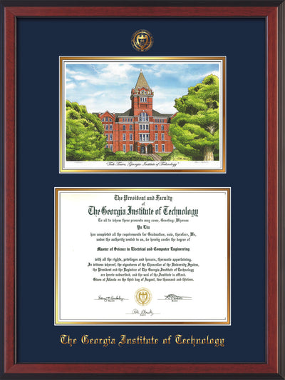 Image of Georgia Tech Diploma Frame - Cherry Reverse - w/Embossed GT Seal & Name - w/Campus Watercolor - Navy on Gold mat