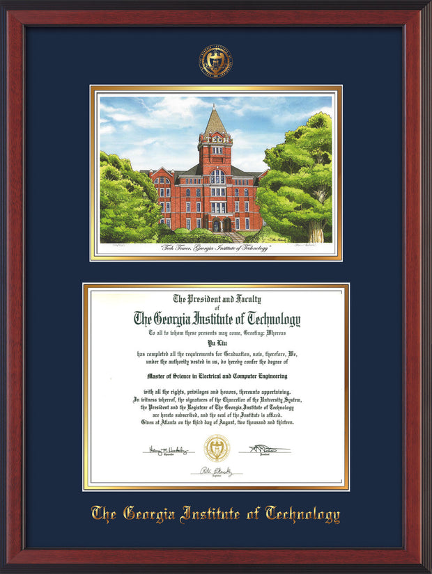 Image of Georgia Tech Diploma Frame - Cherry Reverse - w/Embossed GT Seal & Name - w/Campus Watercolor - Navy on Gold mat
