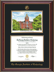 Image of Georgia Tech Diploma Frame - Cherry Lacquer - w/Embossed GT Seal & Name - w/Campus Watercolor - Black on Gold mat