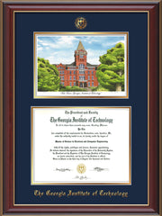 Image of Georgia Tech Diploma Frame - Cherry Lacquer - w/Embossed GT Seal & Name - w/Campus Watercolor - Navy on Gold mat