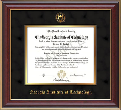 Image of Georgia Tech Diploma Frame - Cherry Lacquer- w/Embossed Seal & Name - Black Suede on Gold mat