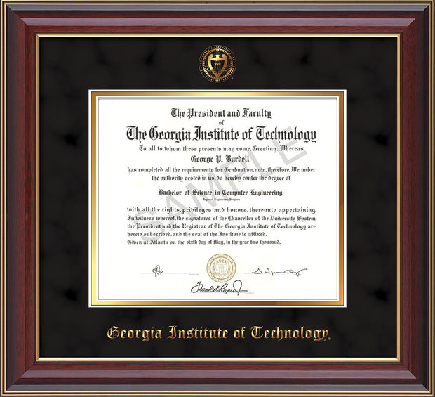 Image of Georgia Tech Diploma Frame - Cherry Lacquer- w/Embossed Seal & Name - Black Suede on Gold mat