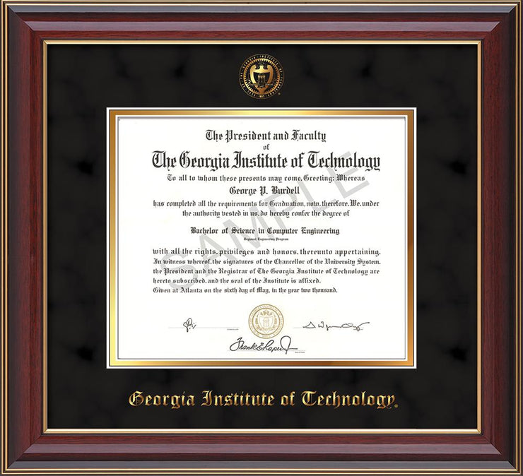 Image of Georgia Tech Diploma Frame - Cherry Lacquer- w/Embossed Seal & Name - Black Suede on Gold mat