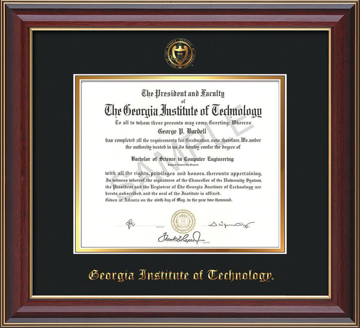 Image of Georgia Tech Diploma Frame - Cherry Lacquer - w/Embossed Seal & Name - Black on Gold mat