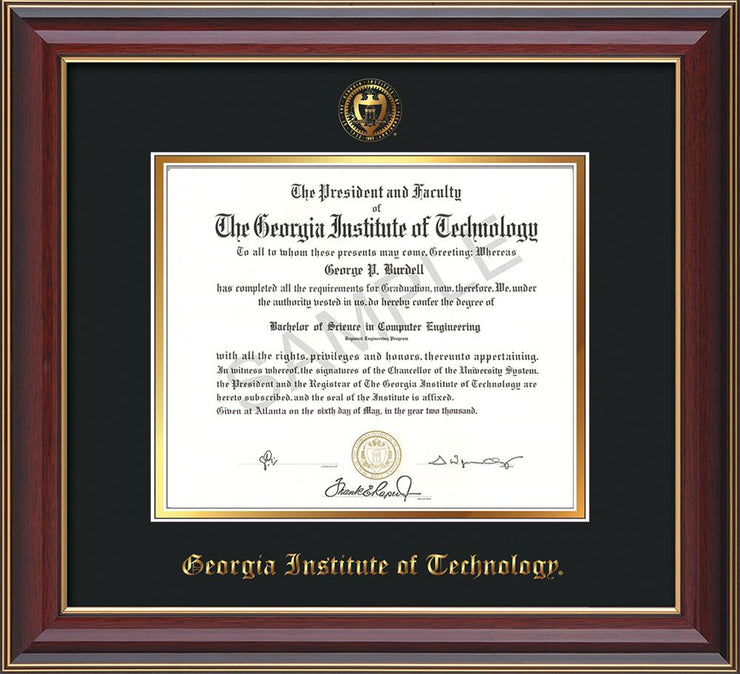 Image of Georgia Tech Diploma Frame - Cherry Lacquer - w/Embossed Seal & Name - Black on Gold mat