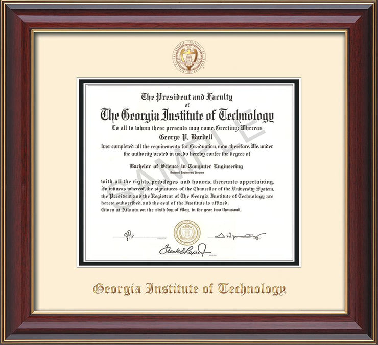 Image of Georgia Tech Diploma Frame - Cherry Lacquer - w/Embossed Seal & Name - Cream on Black mat