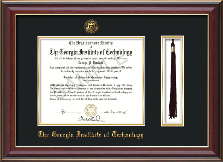 Image of Georgia Tech Diploma Frame - Cherry Lacquer - w/Embossed Seal & Name - Tassel Holder - Black on Gold Mat