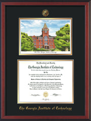 Image of Georgia Tech Diploma Frame - Cherry Reverse - w/Embossed GT Seal & Name - w/Campus Watercolor - Black on Gold mat