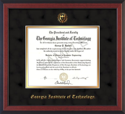 Image of Georgia Tech Diploma Frame - Cherry Reverse - w/Embossed Seal & Name - Black Suede on Gold mat