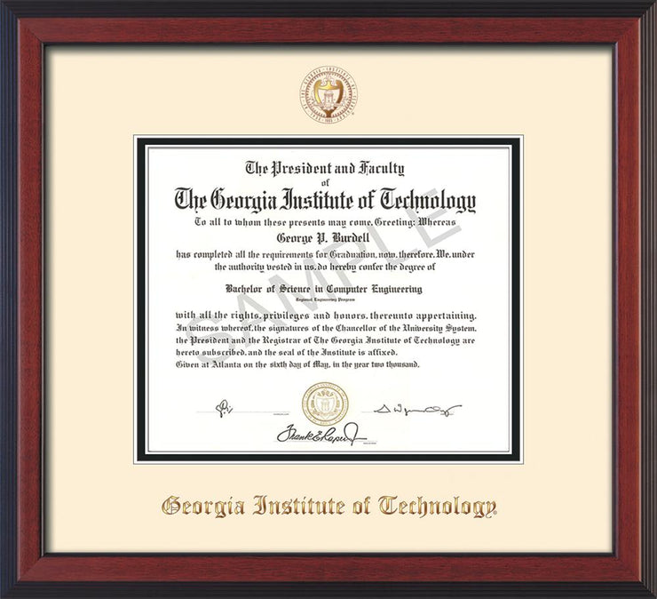 Image of Georgia Tech Diploma Frame - Cherry Reverse - w/Embossed Seal & Name - Cream on Black mat
