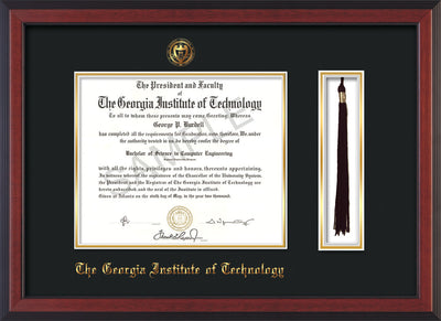 Image of Georgia Tech Diploma Frame - Cherry Reverse - w/Embossed Seal & Name - Tassel Holder - Black on Gold Mat