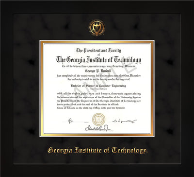 Image of Georgia Tech Diploma Frame - Flat Matte Black - w/Embossed Seal & Name - Black Suede on Gold mat