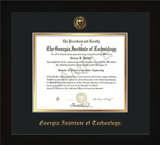 Image of Georgia Tech Diploma Frame - Flat Matte Black - w/Embossed Seal & Name - Black on Gold mat