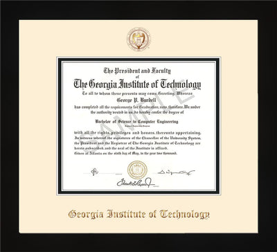 Image of Georgia Tech Diploma Frame - Flat Matte Black - w/Embossed Seal & Name - Cream on Black mat