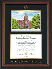 Image of Georgia Tech Diploma Frame - Rosewood w/Gold Lip - w/Embossed GT Seal & Name - w/Campus Watercolor - Black on Gold mat