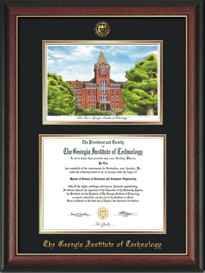 Image of Georgia Tech Diploma Frame - Rosewood w/Gold Lip - w/Embossed GT Seal & Name - w/Campus Watercolor - Black on Gold mat
