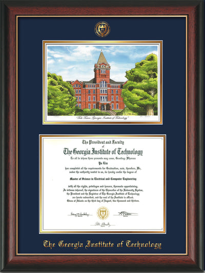 Image of Georgia Tech Diploma Frame - Rosewood w/Gold Lip - w/Embossed GT Seal & Name - w/Campus Watercolor - Navy on Gold mat
