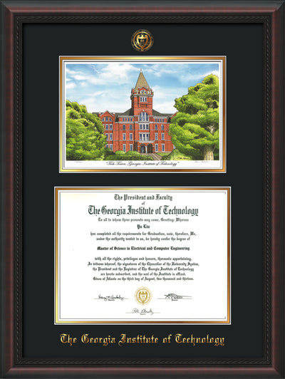Image of Georgia Tech Diploma Frame - Mahogany Braid - w/Embossed GT Seal & Name - w/Campus Watercolor - Black on Gold mat