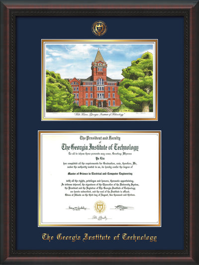 Image of Georgia Tech Diploma Frame - Mahogany Braid - w/Embossed GT Seal & Name - w/Campus Watercolor - Navy on Gold mat
