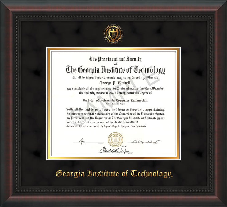 Image of Georgia Tech Diploma Frame - Mahogany Braid - w/Embossed Seal & Name - Black Suede on Gold mat