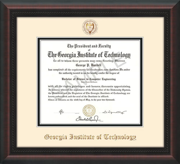 Image of Georgia Tech Diploma Frame - Mahogany Braid - w/Embossed Seal & Name - Cream on Black mat