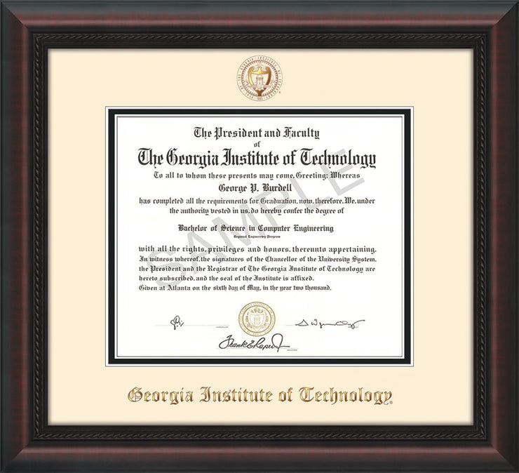 Image of Georgia Tech Diploma Frame - Mahogany Braid - w/Embossed Seal & Name - Cream on Black mat