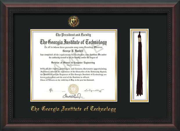 Image of Georgia Tech Diploma Frame - Mahogany Braid - w/Embossed Seal & Name - Tassel Holder - Black on Gold Mat