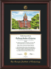 Image of Georgia Tech Diploma Frame - Mahogany Lacquer - w/Embossed GT Seal & Name - w/Campus Watercolor - Black on Gold mat