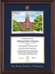 Image of Georgia Tech Diploma Frame - Mahogany Lacquer - w/Embossed GT Seal & Name - w/Campus Watercolor - Navy on Gold mat