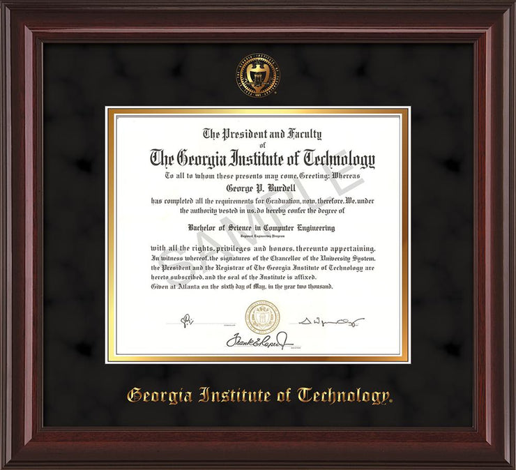 Image of Georgia Tech Diploma Frame - Mahogany Lacquer- w/Embossed Seal & Name - Black Suede on Gold mat